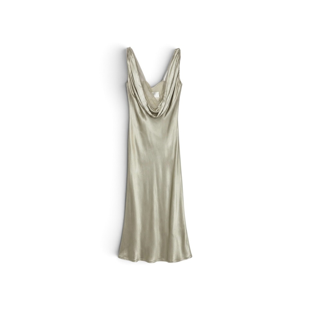 Vera Wang Silk Draped Cowl Neck Midi Dress Champagne Beige Wedding $950 MSRP